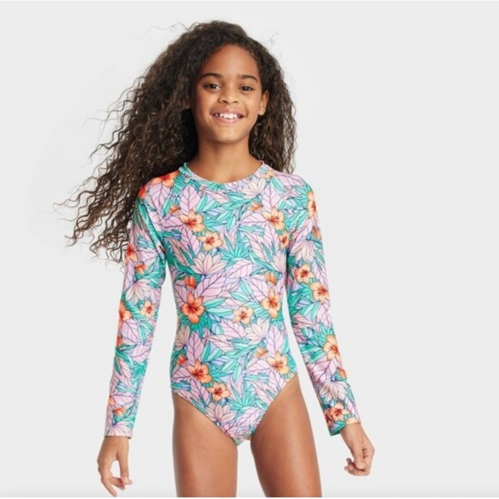 NWOT Cat & Jack long sleeve tropical rash guard swimsuit, back zipper M (8)